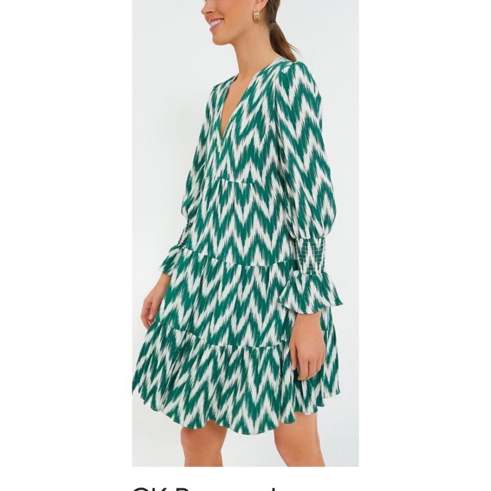 Pomander Place Ikat Kenzo Dress XS Green White Chevron Print Tiered V-Neck Ruffl - Picture 4 of 15